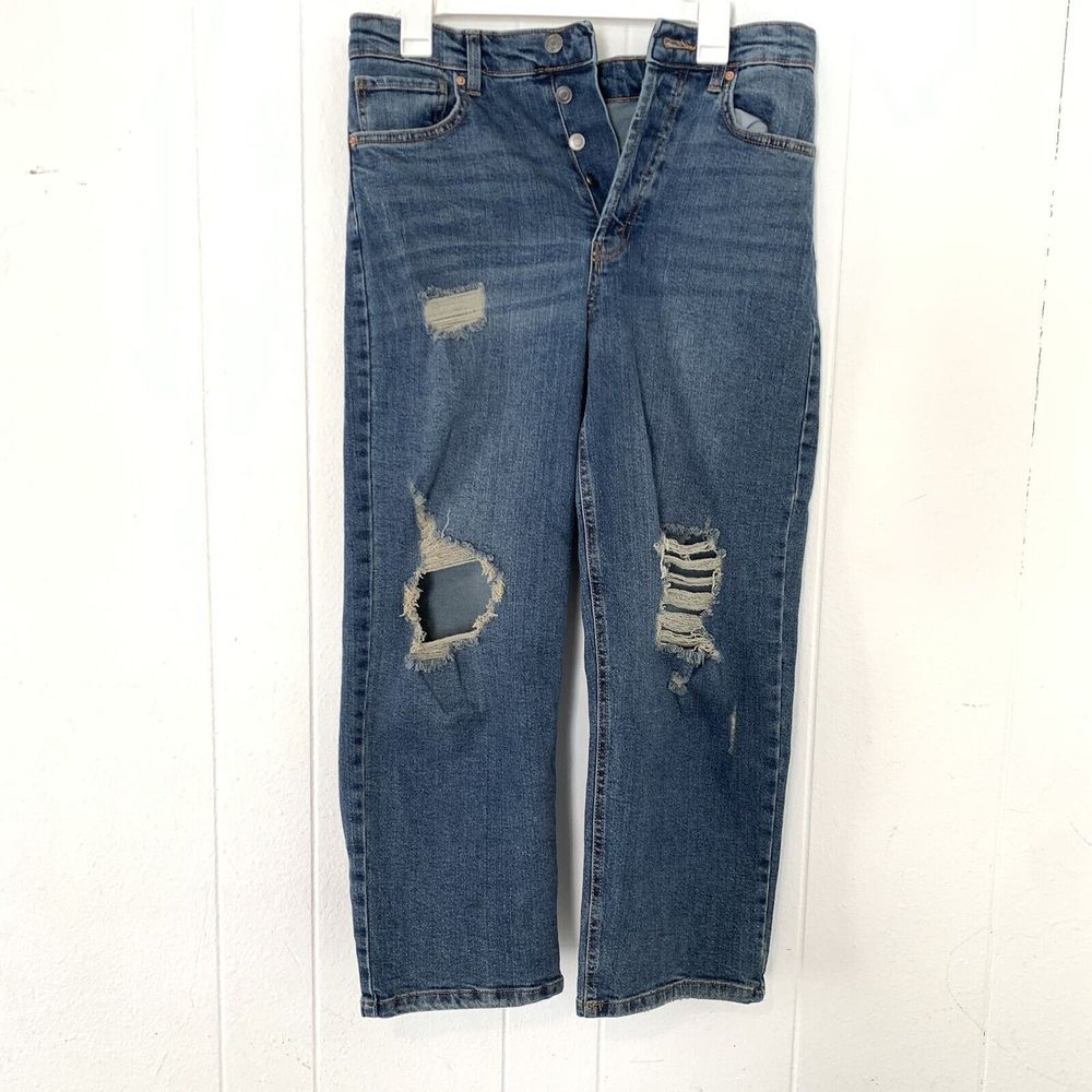 Wild Fable Womens 10 Jeans High Waist Straight Distressed Holes Dark Button Fly